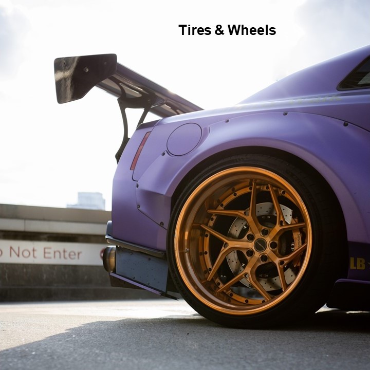 A close-up of a modified car's rear wheel and spoiler, showcasing its unique design and vibrant purple color.